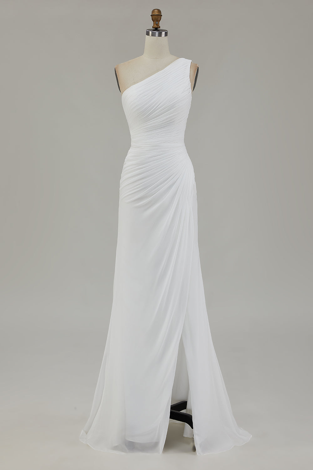 Ivory Chiffon One Shoulder Ruched Long Engagement Dress with Slit