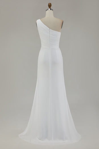 Ivory Chiffon One Shoulder Maxi Engagement Dress with Slit