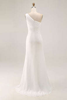 Ivory Chiffon One Shoulder Ruched Long Engagement Dress with Slit