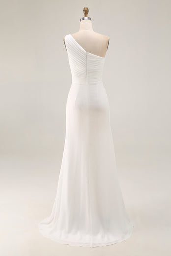 Ivory Chiffon One Shoulder Maxi Engagement Dress with Slit