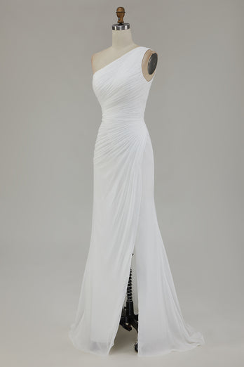 Ivory Chiffon One Shoulder Ruched Long Engagement Dress with Slit