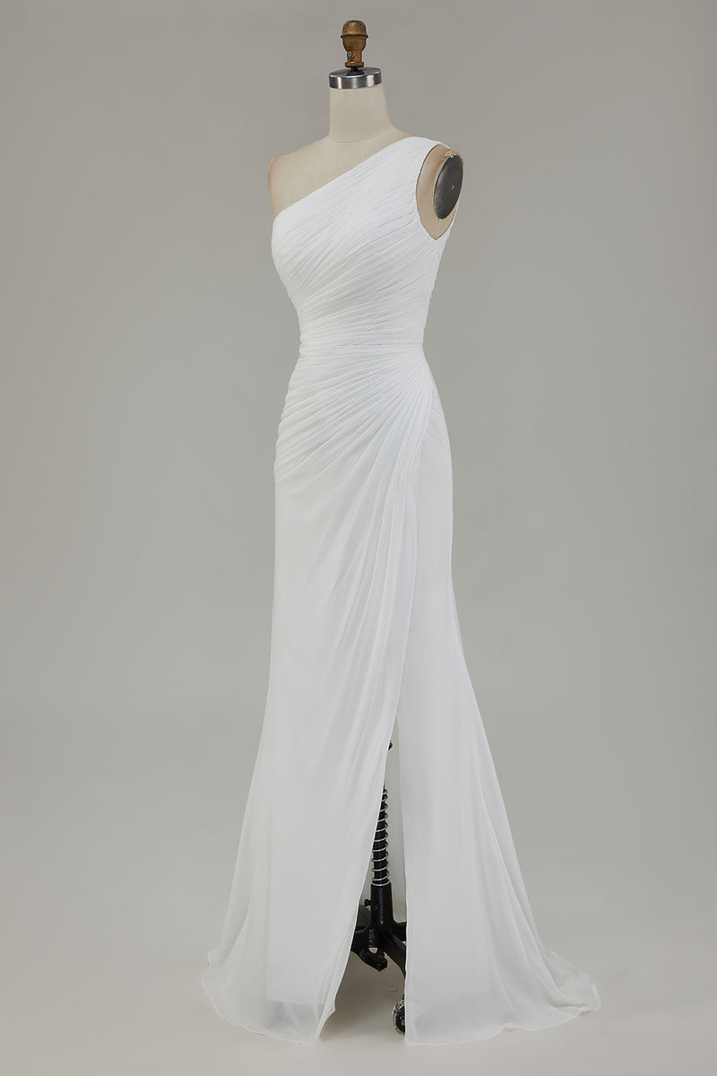 Load image into Gallery viewer, Ivory Chiffon One Shoulder Ruched Long Engagement Dress with Slit
