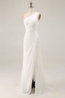 Load image into Gallery viewer, Ivory Chiffon One Shoulder Ruched Long Engagement Dress with Slit
