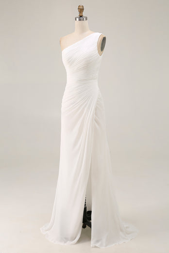 Ivory Chiffon One Shoulder Ruched Long Engagement Dress with Slit