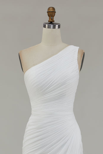 Ivory Chiffon One Shoulder Ruched Long Engagement Dress with Slit