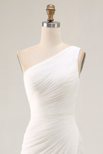 Ivory Chiffon One Shoulder Ruched Long Engagement Dress with Slit
