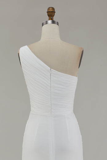 Ivory Chiffon One Shoulder Ruched Long Engagement Dress with Slit