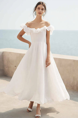 Ivory A Line Maxi Chiffon Wedding Reception Dress with Ruffles