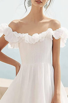 Ivory A Line Maxi Chiffon Wedding Reception Dress with Ruffles