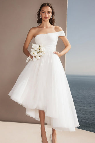 Ivory Tulle One Shoulder Asymmetrical Wedding Reception Dress