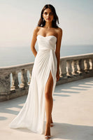 Load image into Gallery viewer, Ivory Ruched Strapless Sheath Maxi Engagement Dress with Slit