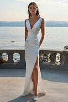 Load image into Gallery viewer, Ivory Sheath Satin Maxi Ruched Rehearsal Dinner Dress with Slit