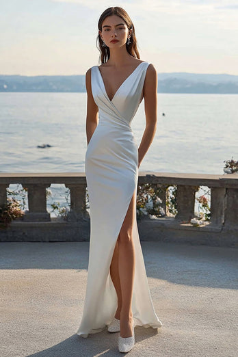 Ivory Sheath Satin Maxi Ruched Rehearsal Dinner Dress with Slit