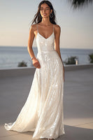 Load image into Gallery viewer, Sparkly Ivory Spaghetti Straps Sequins Maxi Wedding Reception Dress