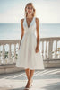 Load image into Gallery viewer, Ivory A Line V-Neck Midi Satin Engagement Dress with Beading