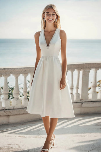 Ivory A Line V-Neck Midi Satin Engagement Dress with Beading