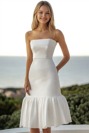 Simple Ivory Strapless Satin A Line Engagement Dress