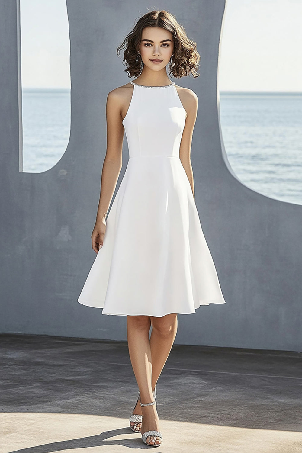 Ivory Satin A Line Halter Bridal Shower Dress