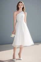 Load image into Gallery viewer, Ivory A Line One Shoulder Tulle Midi Wedding Reception Dress