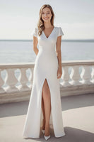Load image into Gallery viewer, Simple Ivory A Line Maxi Satin Wedding Reception Dress with Slit