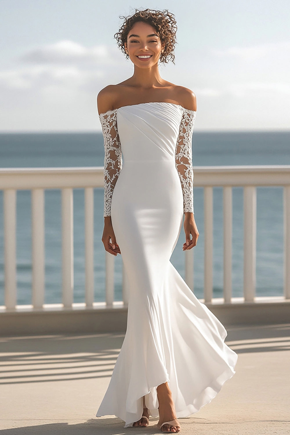 Ivory Mermaid Chiffon Long Sleeves Rehearsal Dinner Dress