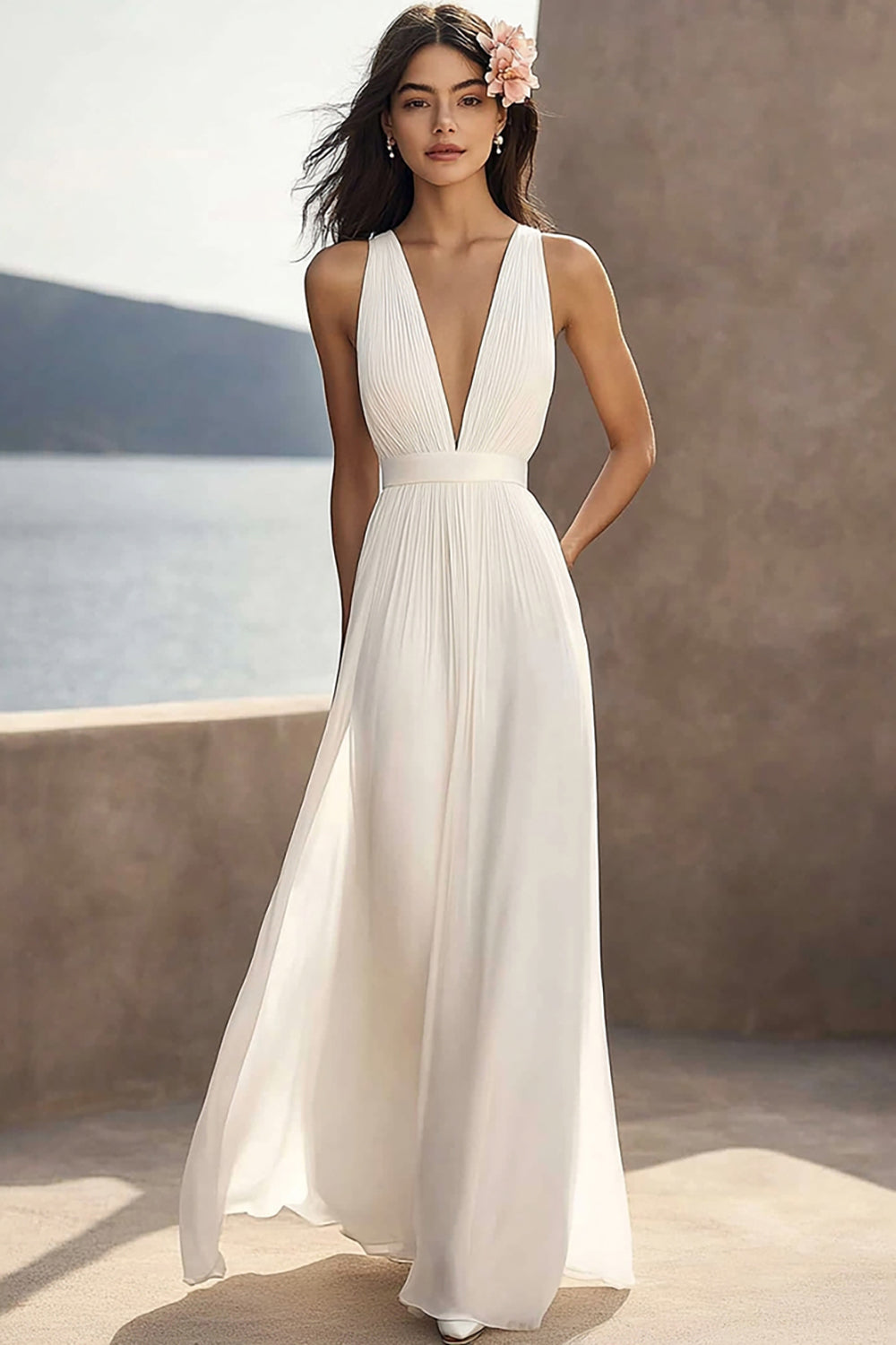 Ivory Chiffon Deep V-Neck Beach Maxi Engagement Dress