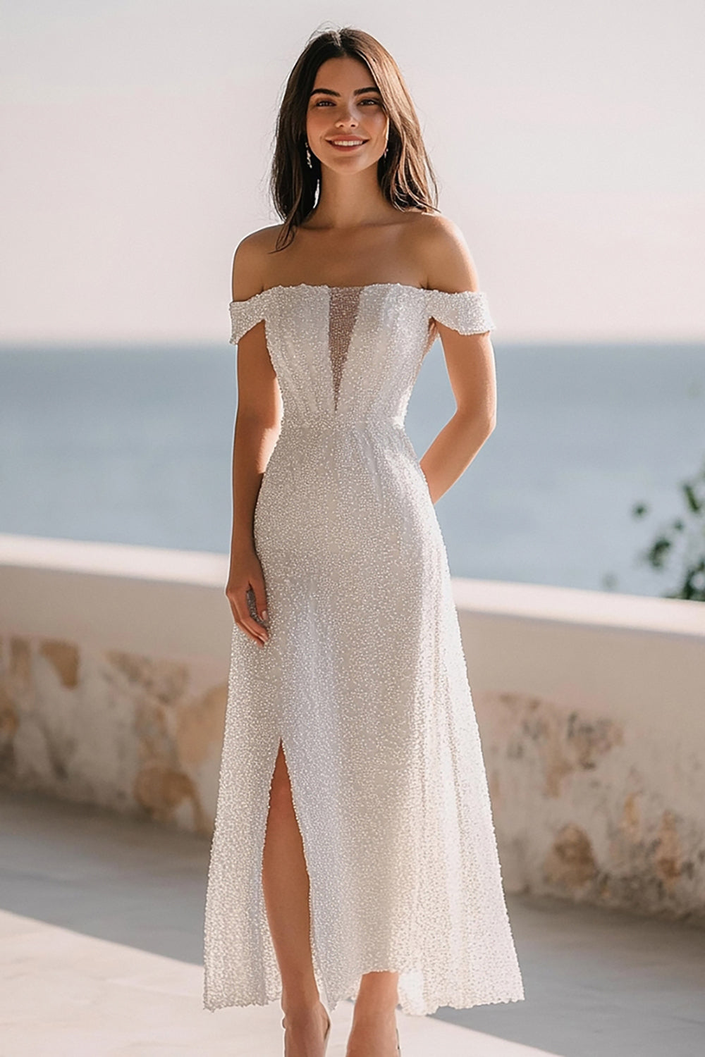 Sparkly Ivory Sequins Long Rehearsal Dinner Dress with Slit