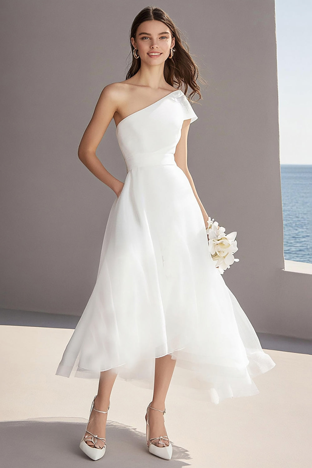 Ivory Organza One Shoulder Midi Wedding Reception Dress