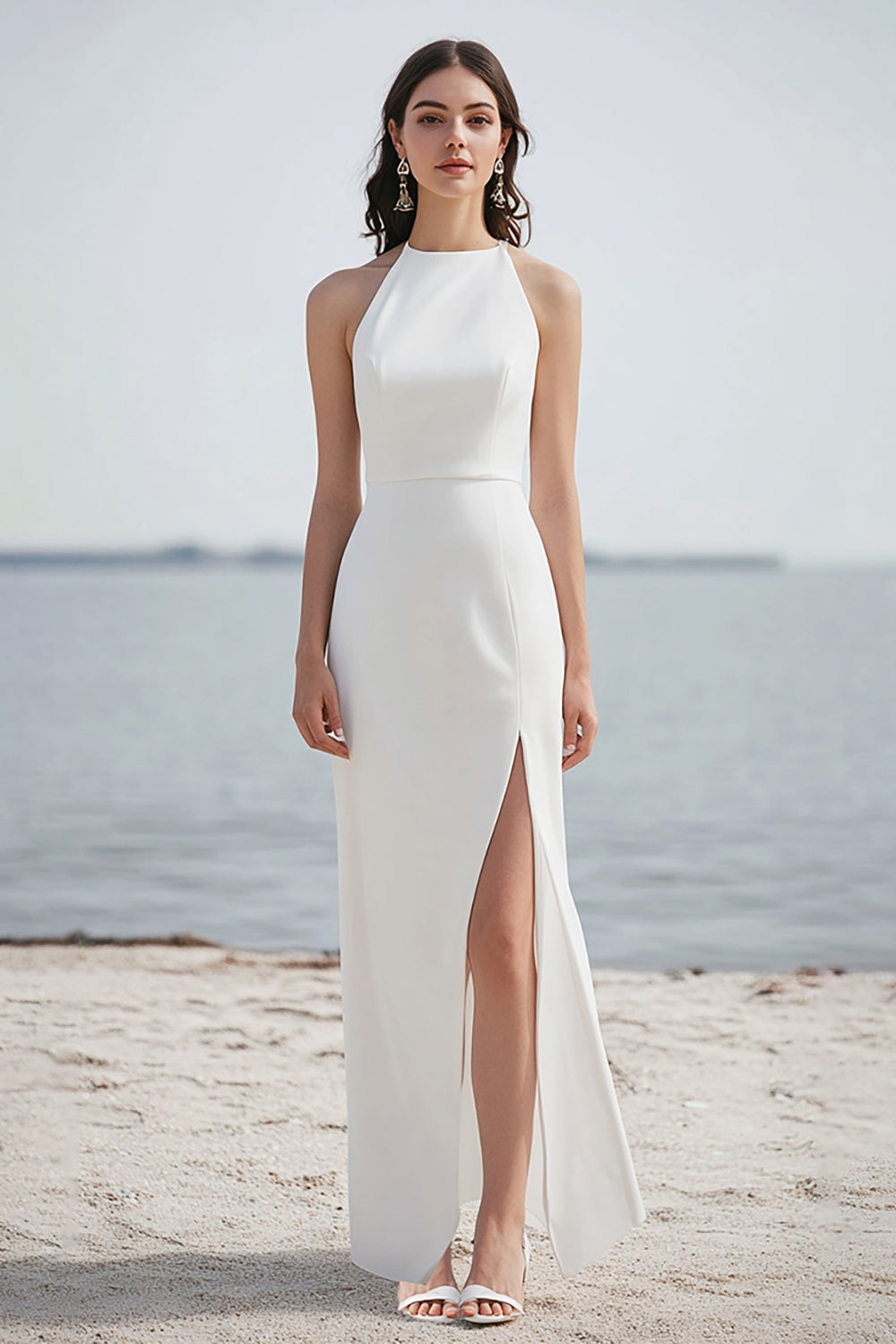 Ivory Satin Sheath Halter Maxi Rehearsal Dinner Dress with Slit