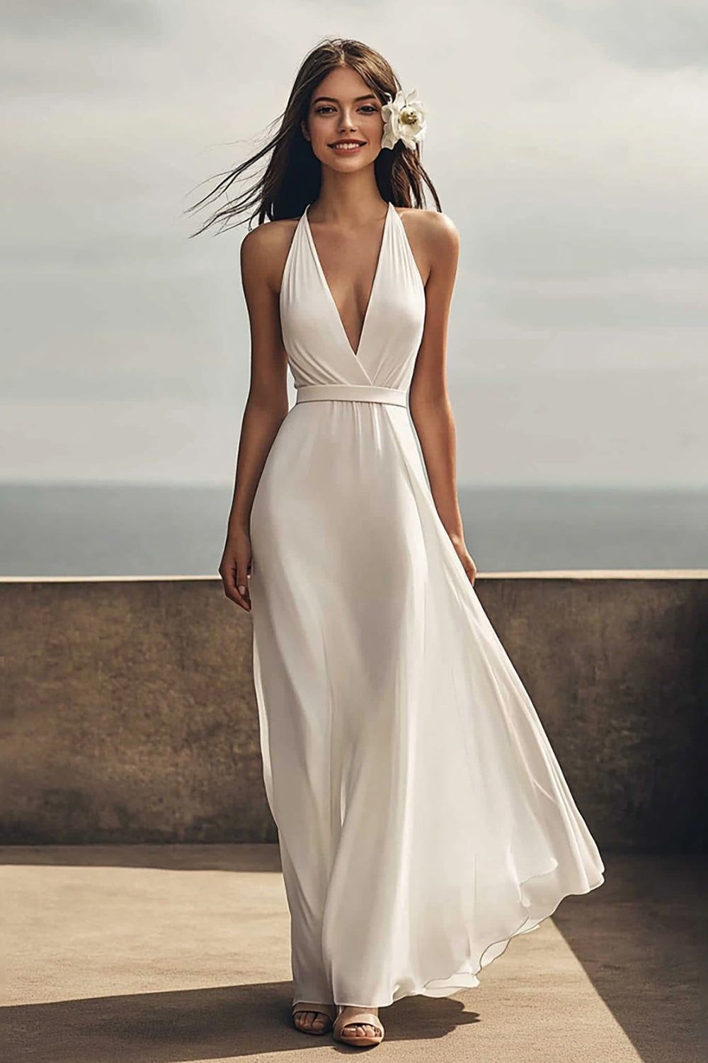 Ivory Halter A Line Maxi Chiffon Rehearsal Dinner Dress