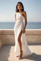 Load image into Gallery viewer, Ivory Chiffon One Shoulder Ruched Maxi Rehearsal Dinner Dress with Slit
