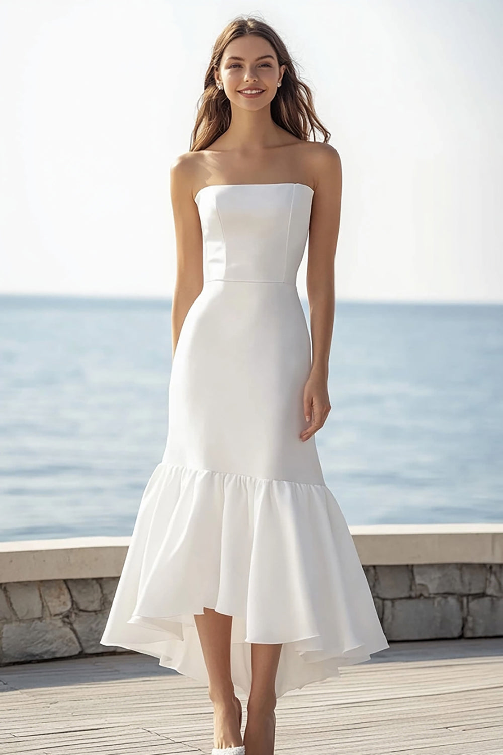 Simple Ivory Strapless Satin Long Rehearsal Dinner Dress