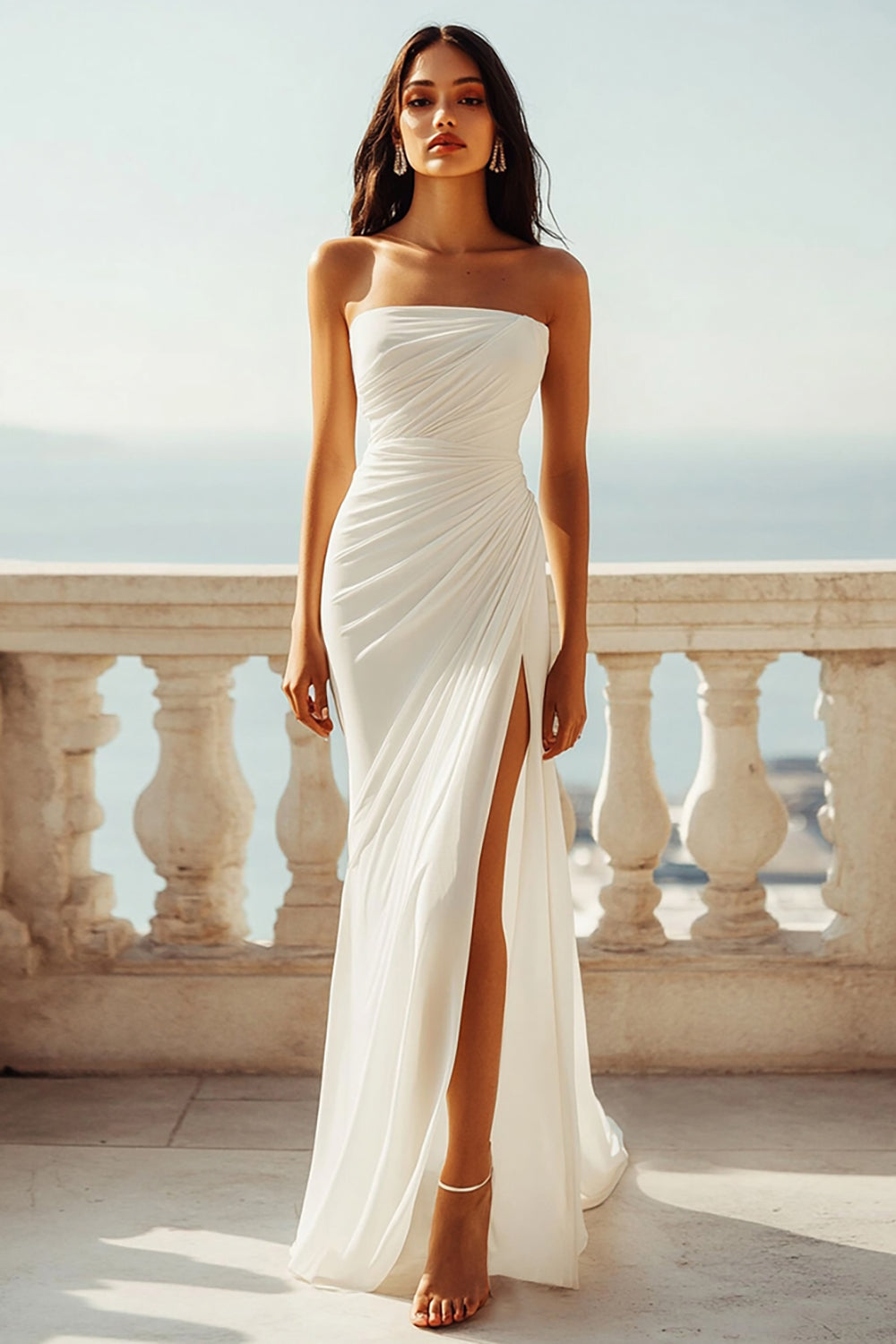 Ivory Chiffon Strapless Mermaid Ruched Maxi Engagement Dress