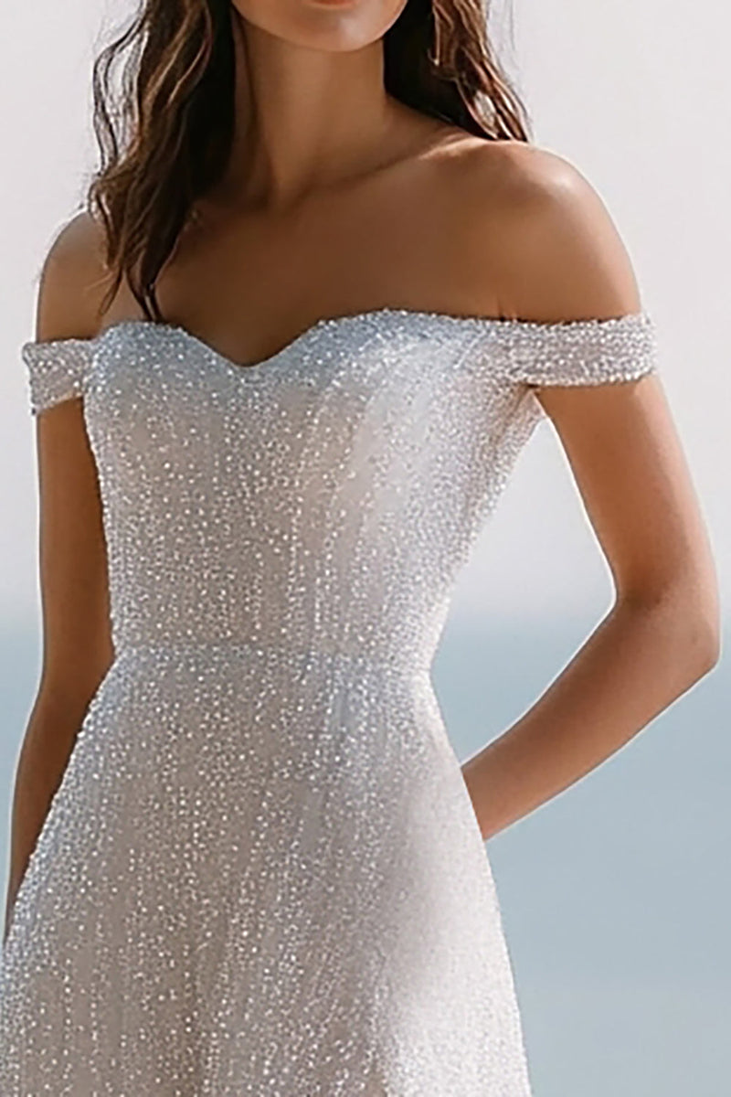 Load image into Gallery viewer, Sparkly Ivory A Line Maxi Sequins Wedding Reception Dress with Slit