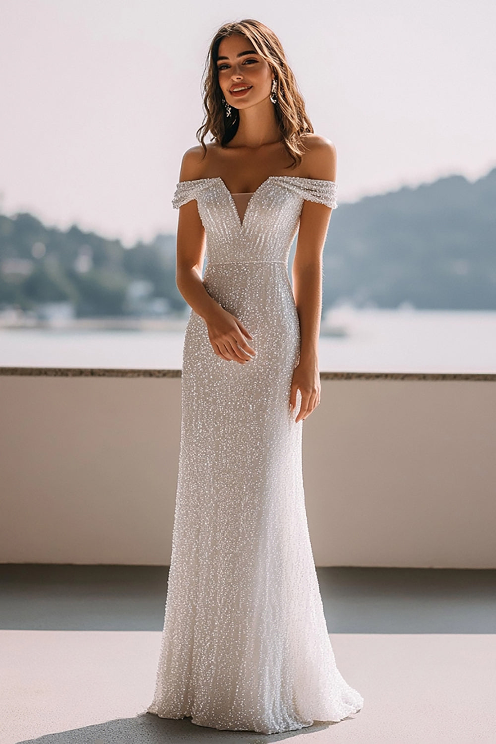 Sparkly Ivory Sequins Sheath Maxi Rehearsal Dinner Dress