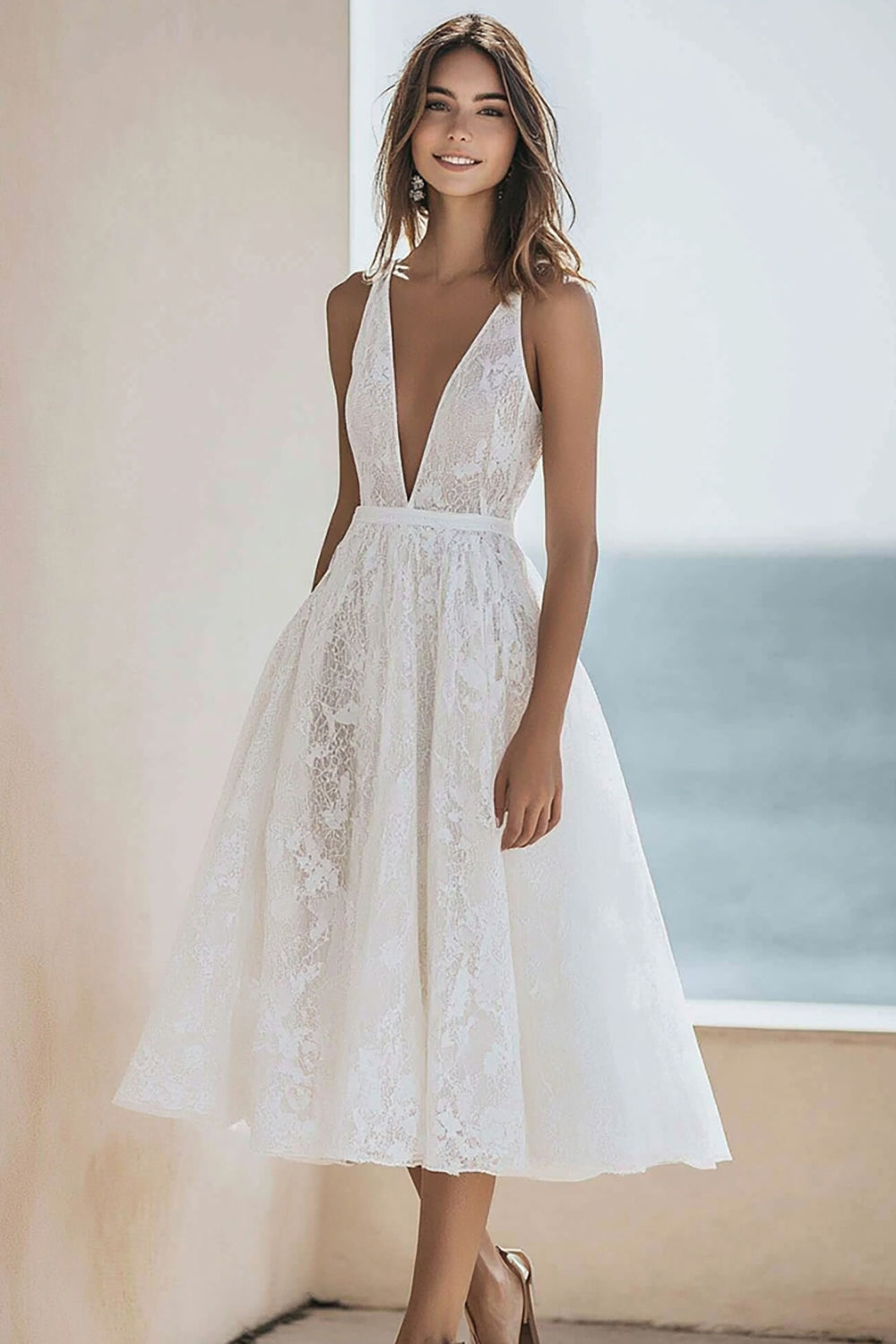 Ivory Lace A Line Deep V-Neck Midi Engagement Dress