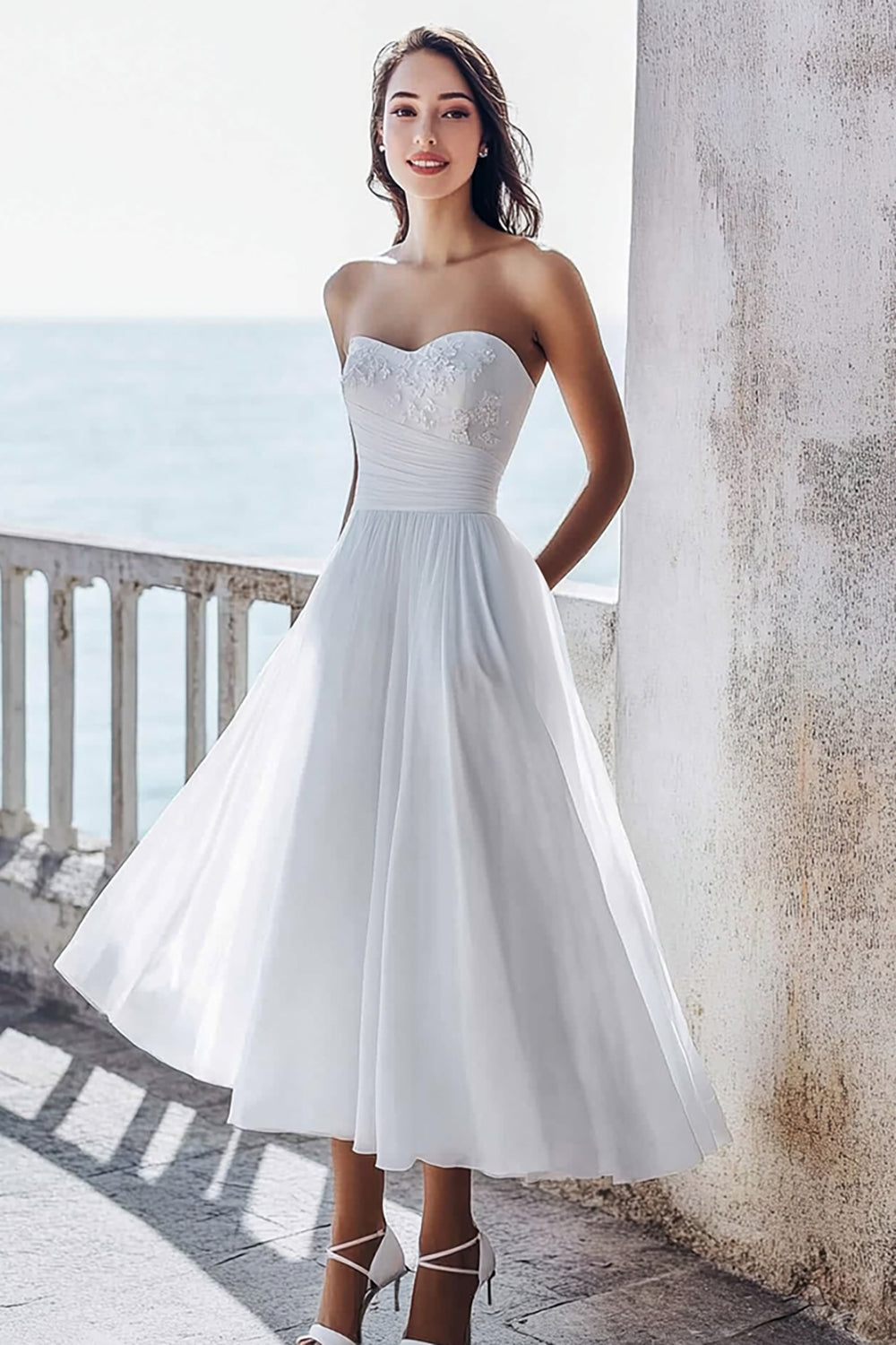 Ivory Chiffon A Line Maxi Strapless Engagement Dress with Appliques