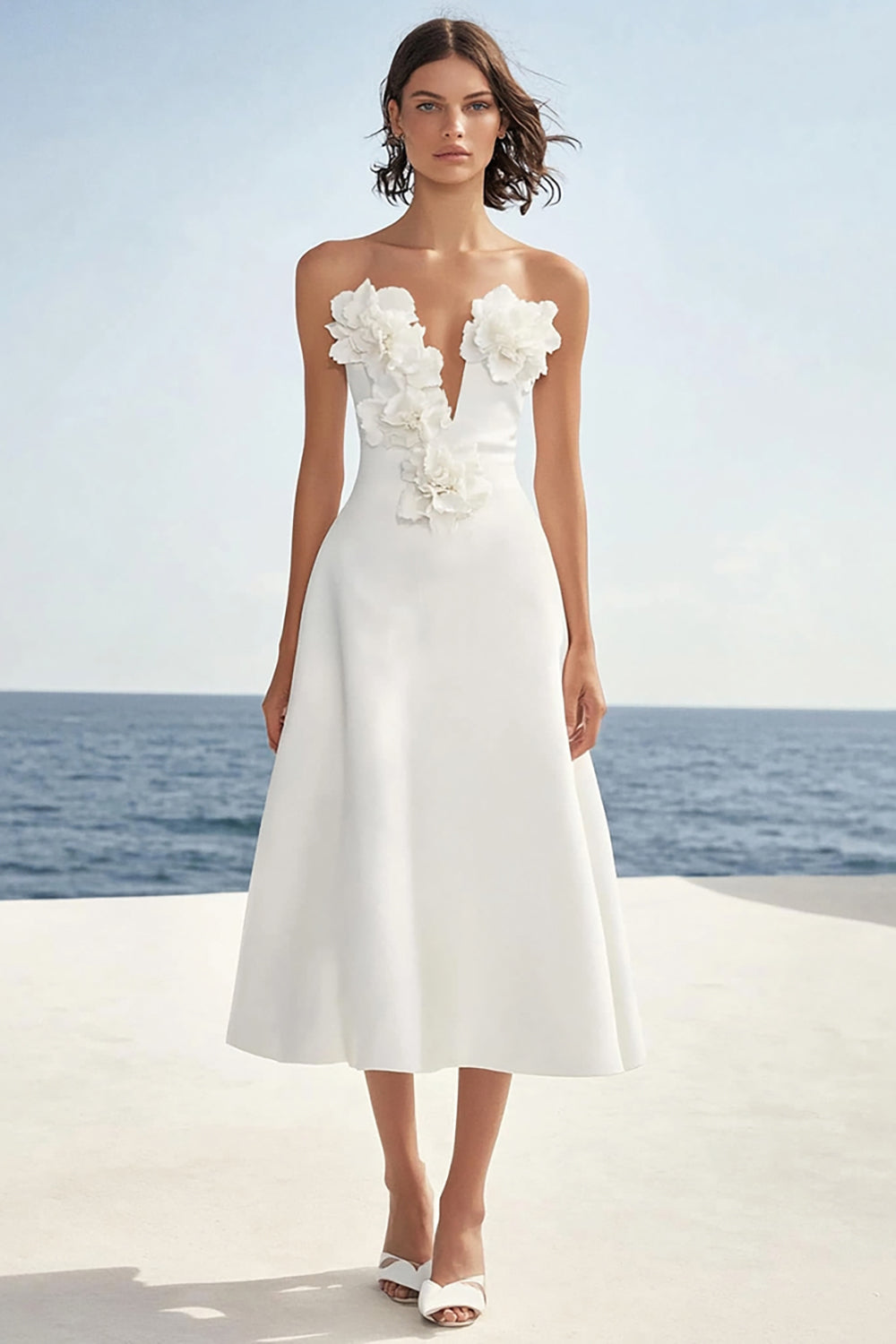 Floral Satin Strapless Ivory Long Rehearsal Dinner Dress