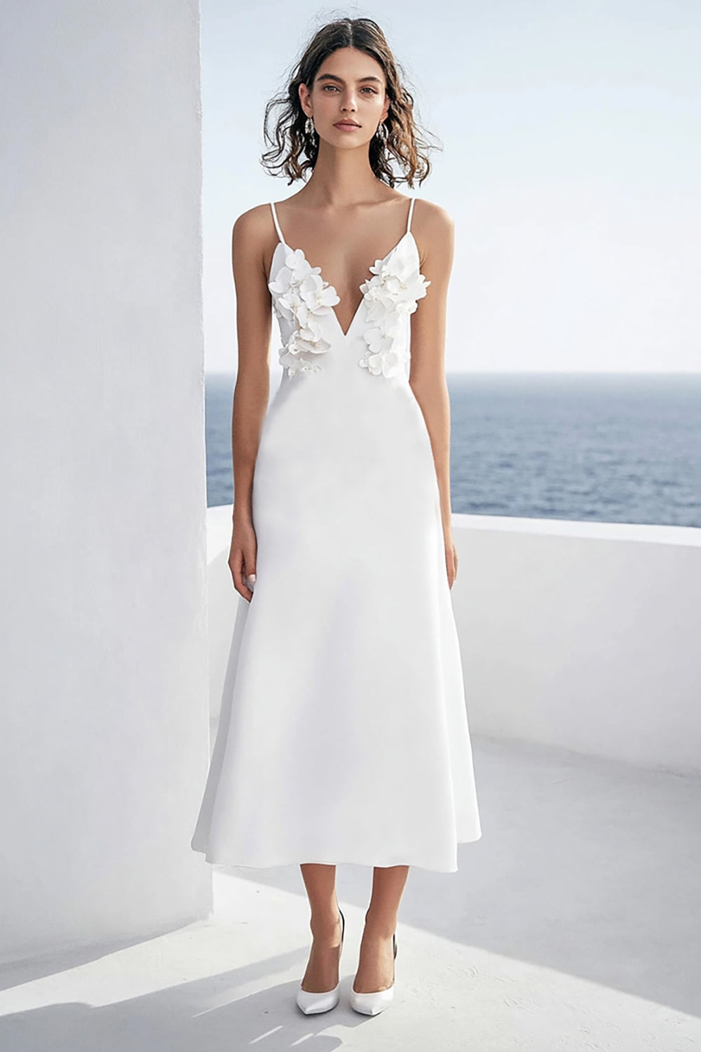 Ivory Floral Satin Deep V-Neck Maxi Rehearsal Dinner Dress