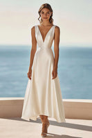 Load image into Gallery viewer, Simple Ivory A Line Satin V-Neck Maxi Rehearsal Dinner Dress