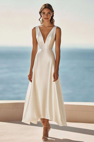 Simple Ivory A Line Satin V-Neck Maxi Rehearsal Dinner Dress