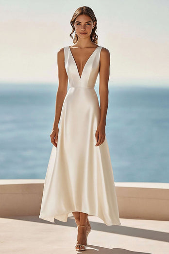 Simple Ivory A Line Satin V-Neck Maxi Rehearsal Dinner Dress