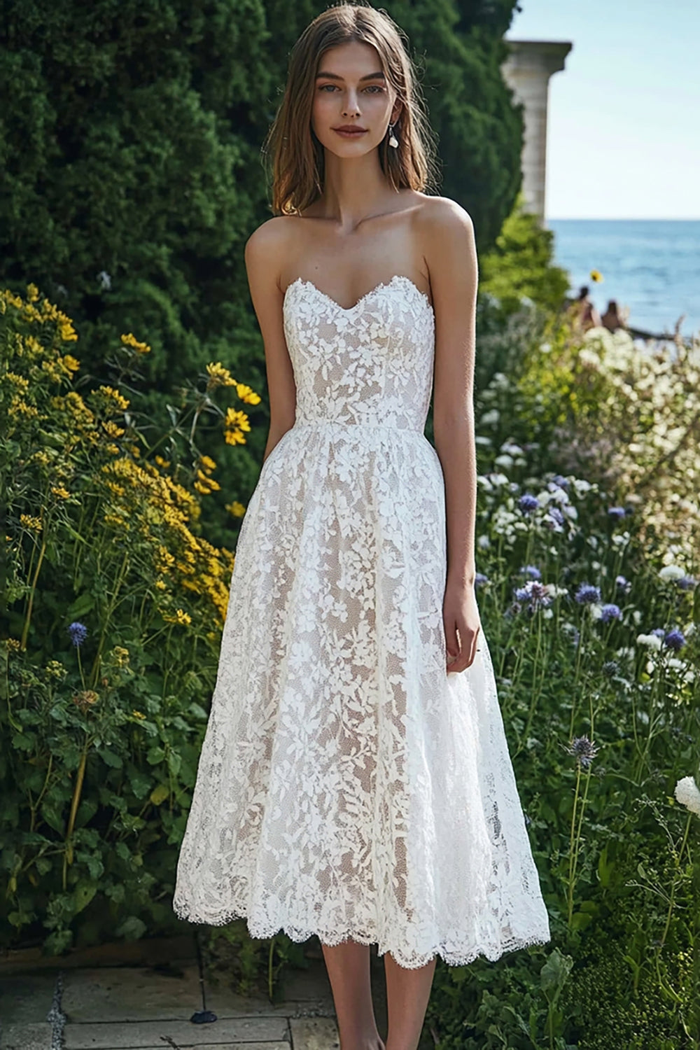 Lace Ivory Sweetheart Beach Maxi Engagement Dress