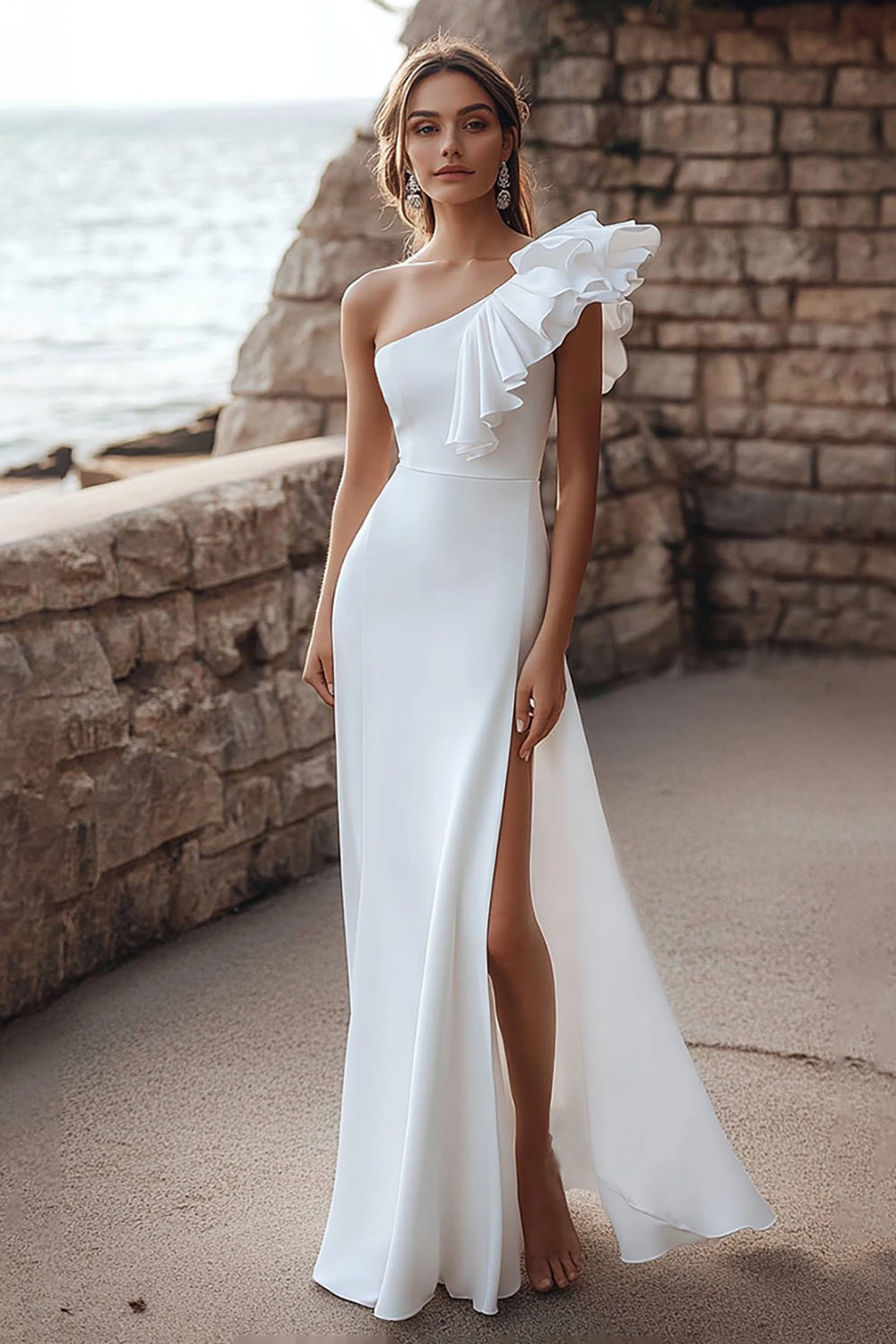 Ivory Satin One Shoulder Maxi Ruffled Rehearsal Dinner Dress with Slit