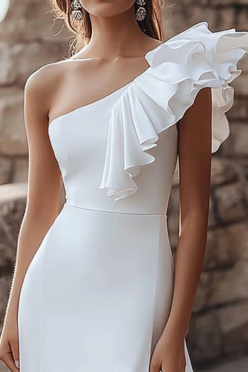 Ivory Satin One Shoulder Maxi Ruffled Rehearsal Dinner Dress with Slit