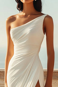 Ivory One Shoulder Chiffon Maxi Rehearsal Dinner Dress with Slit