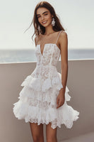 Load image into Gallery viewer, Lace Ivory Corset A Line Short Bachelorette Dress with Ruffles