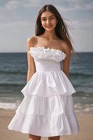 Load image into Gallery viewer, Ivory Tiered A Line Strapless Short Bachelorette Dress with Ruffles