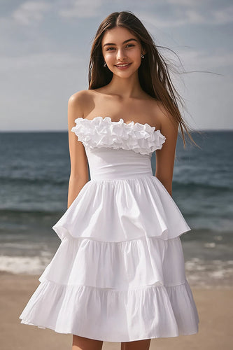 Ivory Tiered A Line Strapless Short Bachelorette Dress with Ruffles