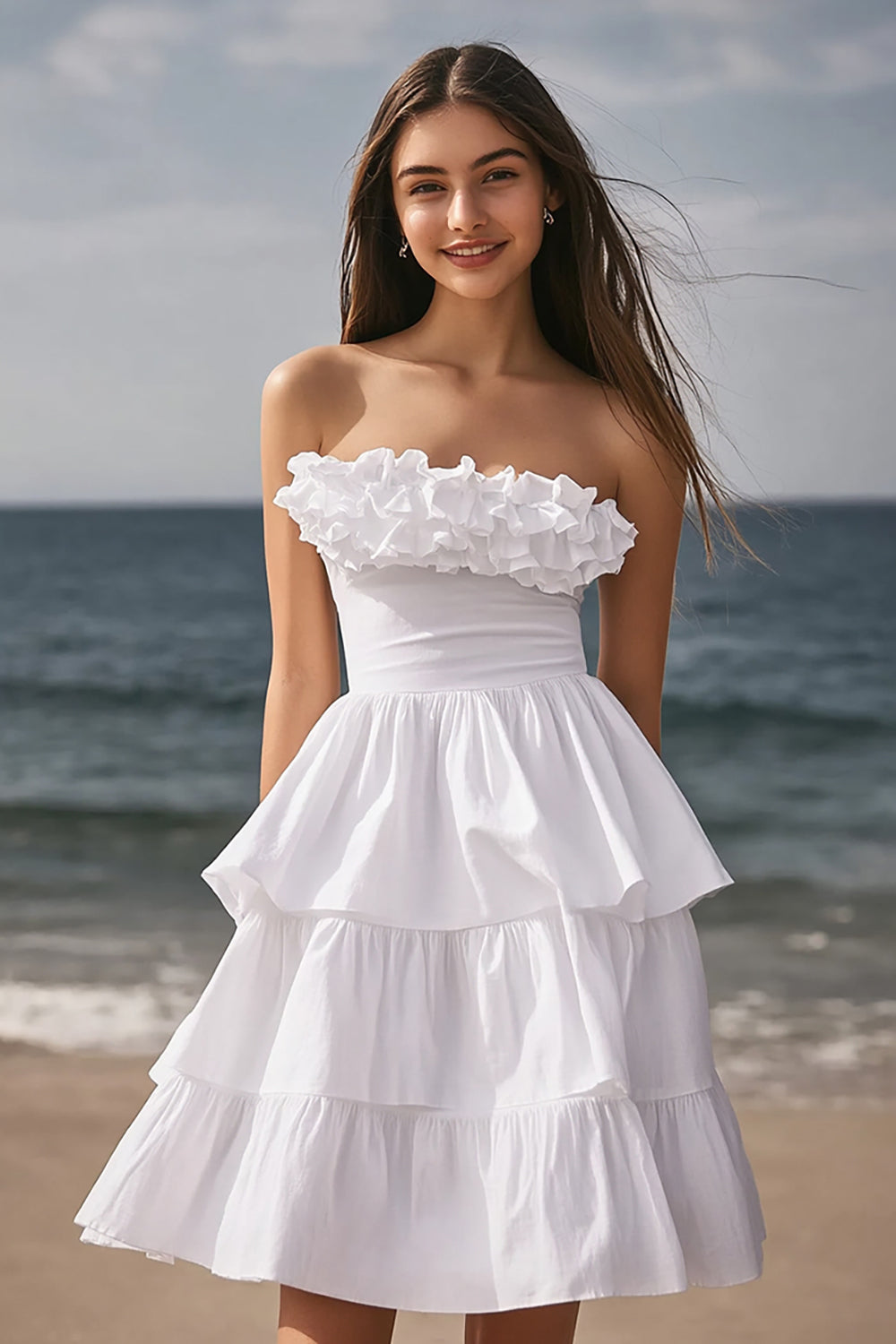 Ivory Tiered A Line Strapless Short Bachelorette Dress with Ruffles